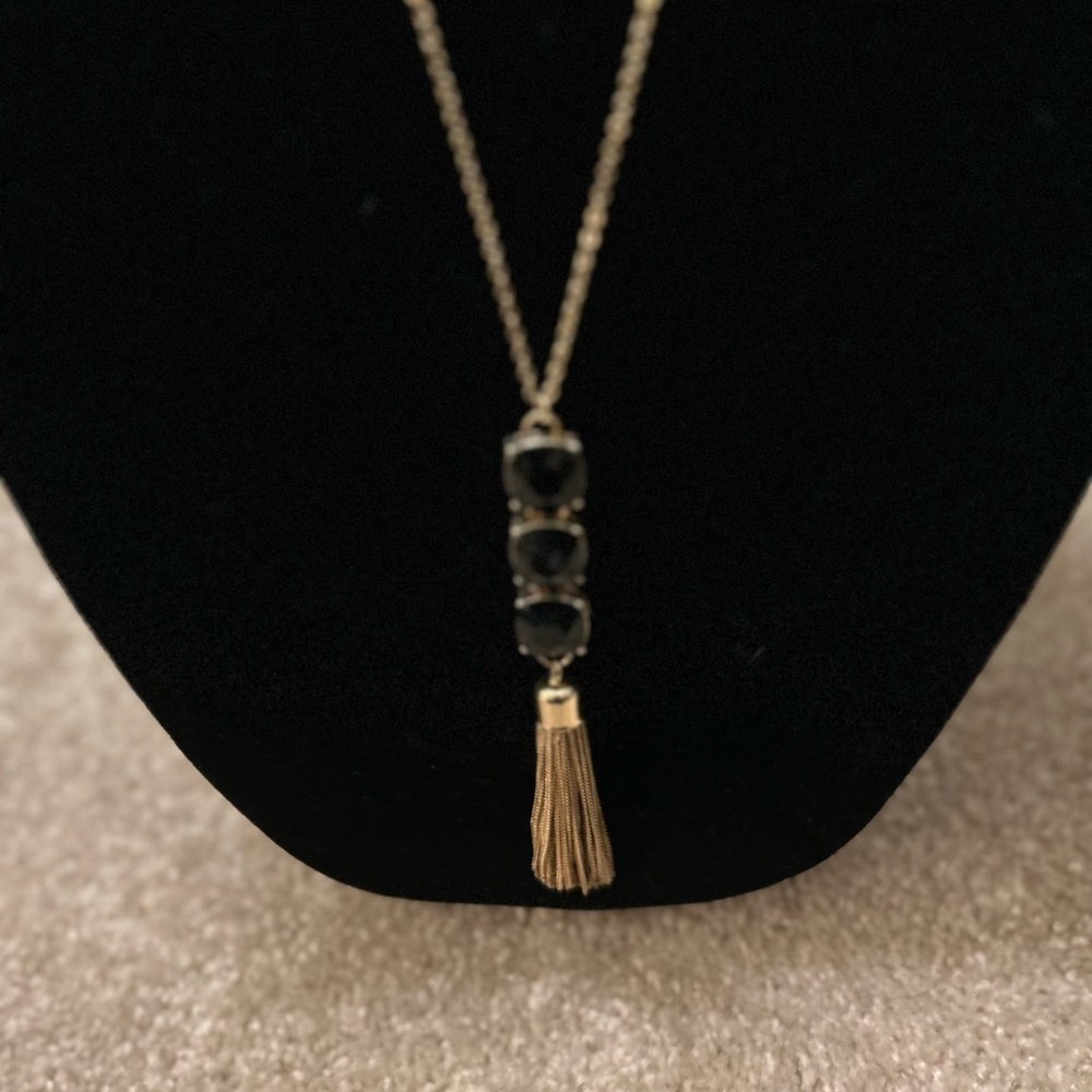 👑 NEW 👑 Black Enamel Gold Tassel Long Necklace - Picture 3 of 4